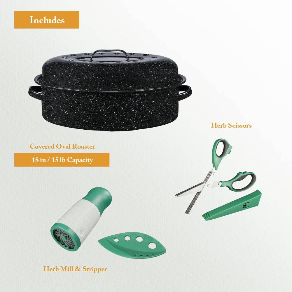 Granite Ware 4-Piece Roasting Set -Includes: 15 lb (18 in.) Enamel on Steel Covered Oval Roaster, Herb Scissors, Herb Mill & Stripper