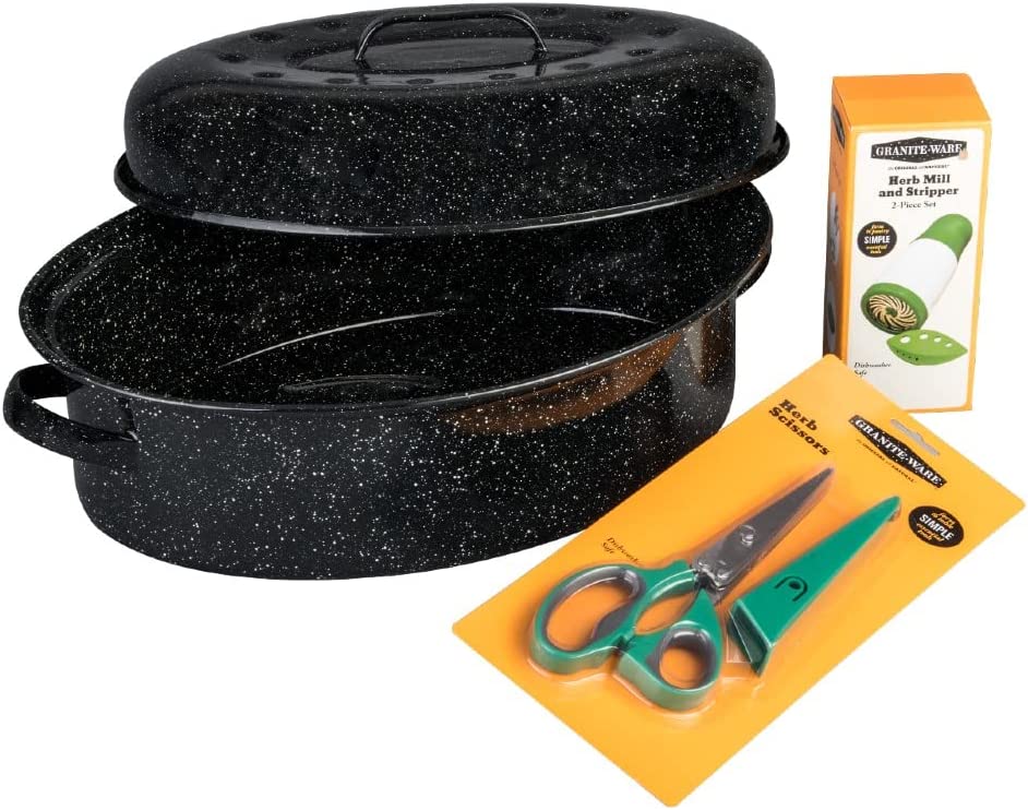 Granite Ware 4-Piece Roasting Set -Includes: 15 lb (18 in.) Enamel on Steel Covered Oval Roaster, Herb Scissors, Herb Mill & Stripper
