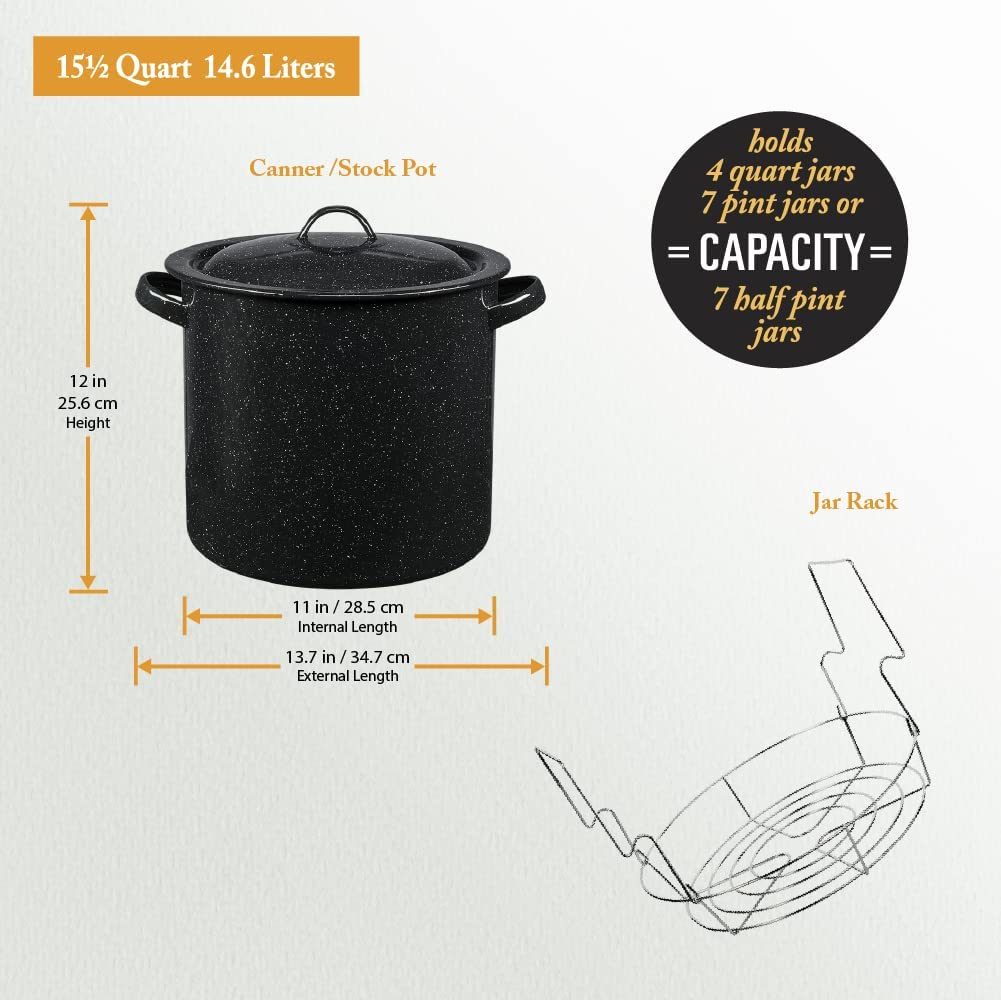Granite Ware Enamel on Steel 15.5-Quart Water Bath Canner with lid & Jar Rack, Multiuse Pot, Resistant & Easy to Clean