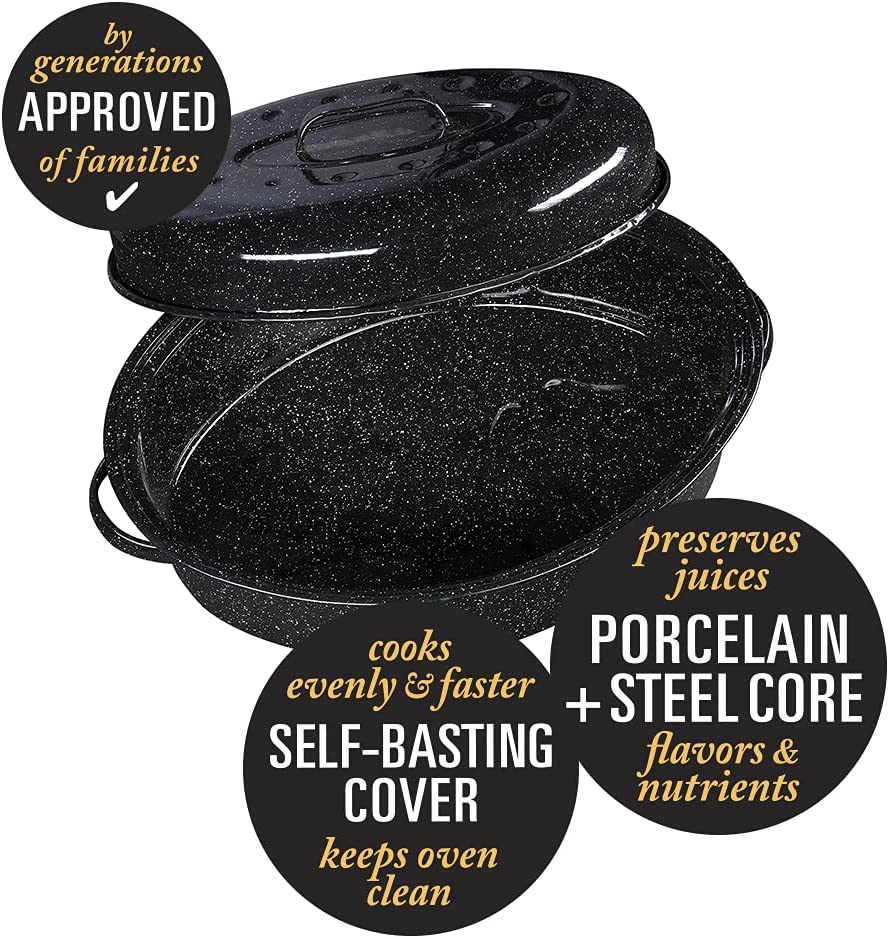 Granite Ware 15 lb. Capacity (18 in.) Covered Oval Roaster, Speckled Black Enamel on Steel