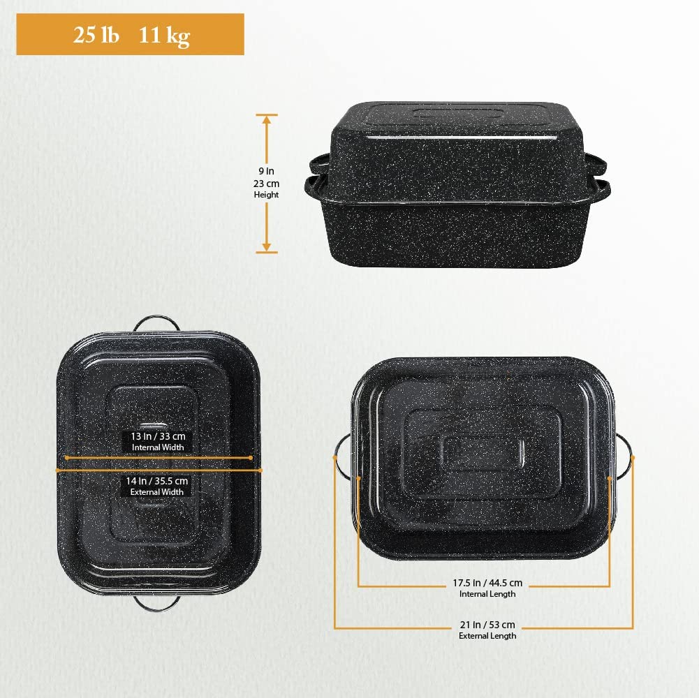 Granite Ware 25 lb. Capacity 19.5 in. Covered Rectangular Roaster, Speckled Black Enamel on Steel