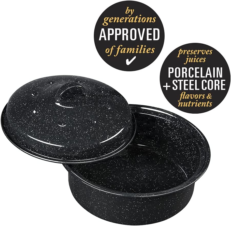Granite Ware 3 lb. Capacity Covered Round Roaster, Speckled Black Enamel on Steel