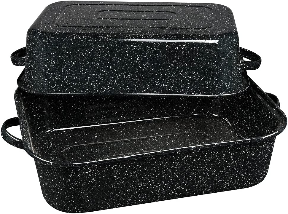 Granite Ware 25 lb. Capacity 19.5 in. Covered Rectangular Roaster, Speckled Black Enamel on Steel