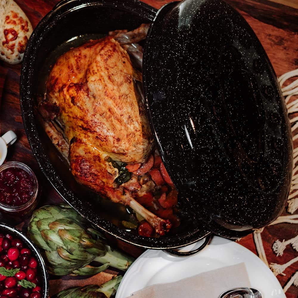 Granite Ware 15 lb. Capacity (18 in.) Covered Oval Roaster, Speckled Black Enamel on Steel