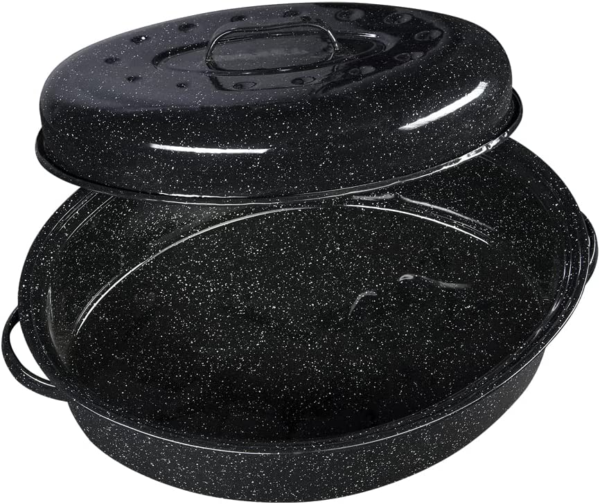 Granite Ware 4-Piece Roasting Set -Includes: 15 lb (18 in.) Enamel on Steel Covered Oval Roaster, Herb Scissors, Herb Mill & Stripper