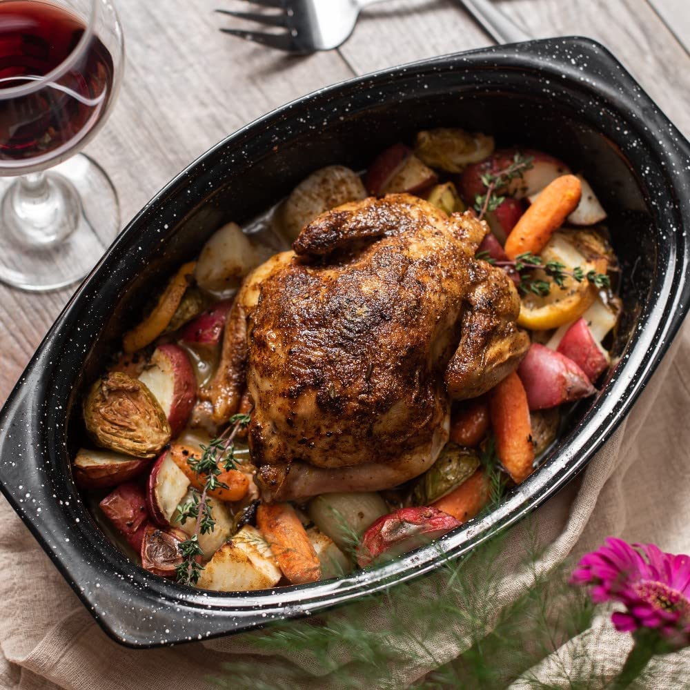 Granite Ware 7 lb. Capacity 13 in. Covered Oval Roaster, Speckled Black Enamel on Steel