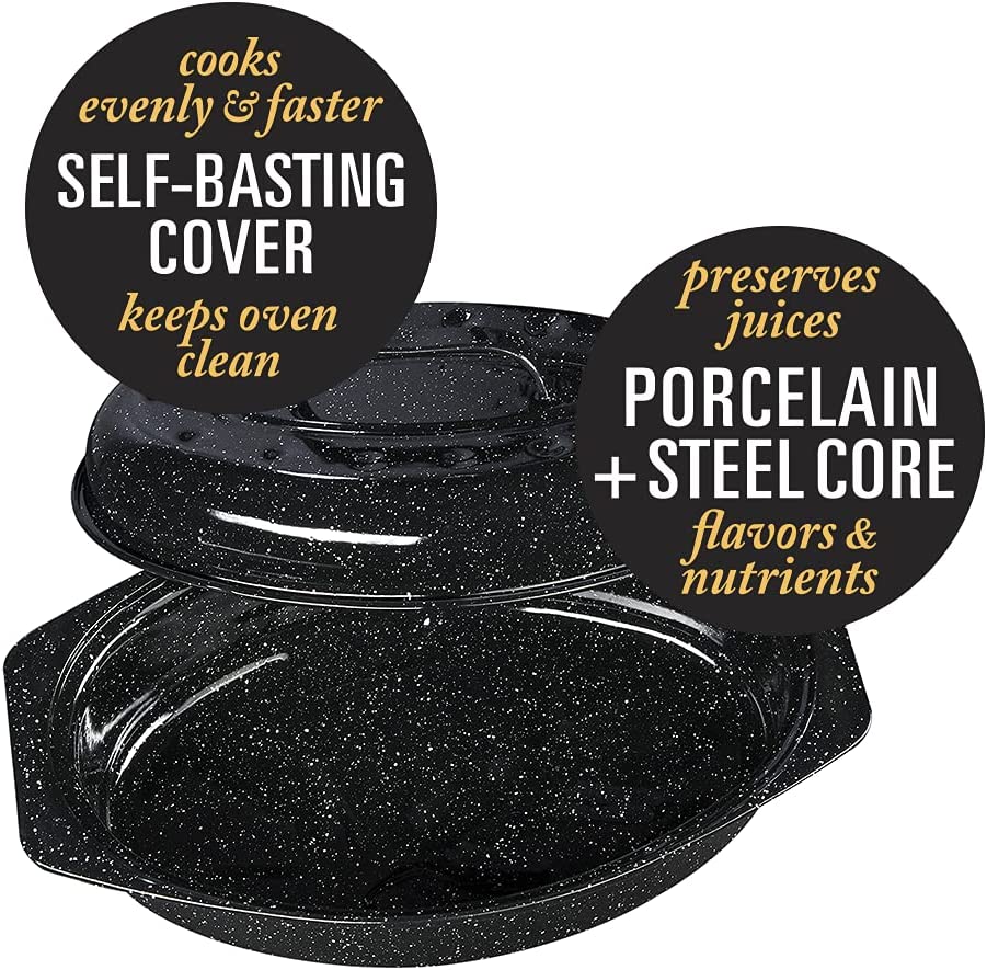 Granite Ware 7 lb. Capacity 13 in. Covered Oval Roaster, Speckled Black Enamel on Steel