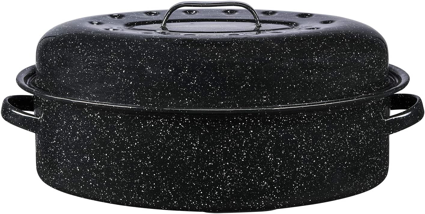 Granite Ware 15 lb. Capacity (18 in.) Covered Oval Roaster, Speckled Black Enamel on Steel