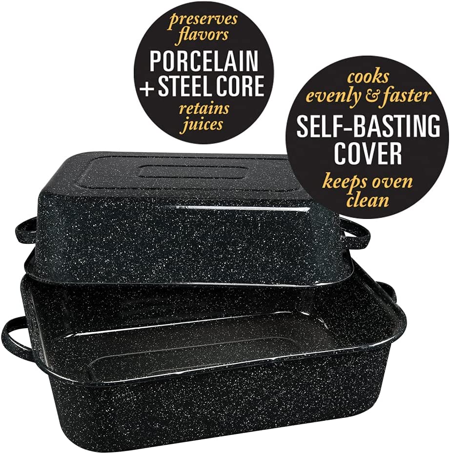 Granite Ware 25 lb. Capacity 19.5 in. Covered Rectangular Roaster, Speckled Black Enamel on Steel